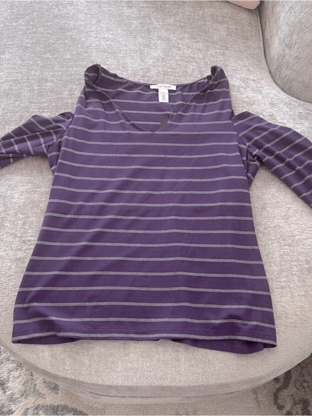 NWT White House Black Market Purple Cold Shoulder Stripe Top M